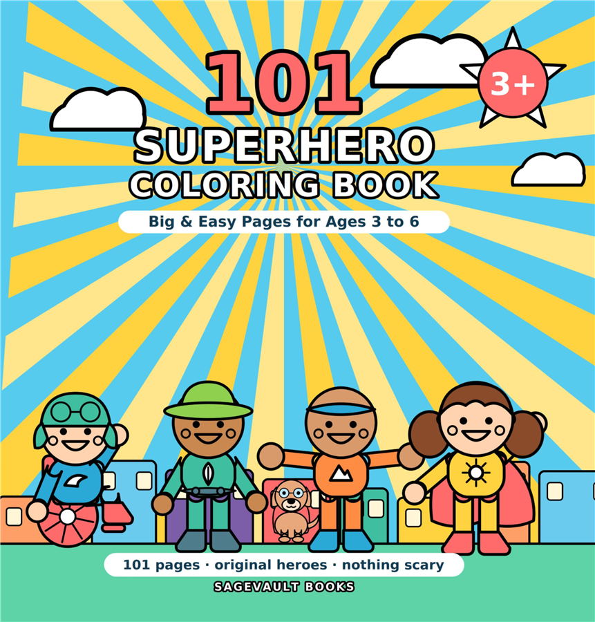 Cover of 101 Superhero Coloring Book, showing four cartoon superhero children in front of a sunburst sky